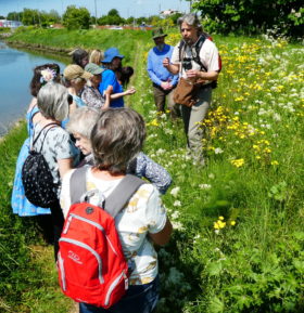 A line of walkers listening to a talk being given in a grassy meadow next to a canal